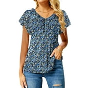Fantaslook Womens Blouses Floral Ruffle Short Sleeve Tunic Tops Casual V Neck Summer Shirts