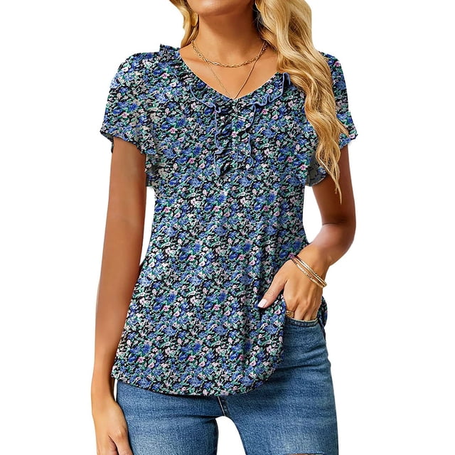 Fantaslook Womens Blouses Floral Ruffle Short Sleeve Tunic Tops Casual ...