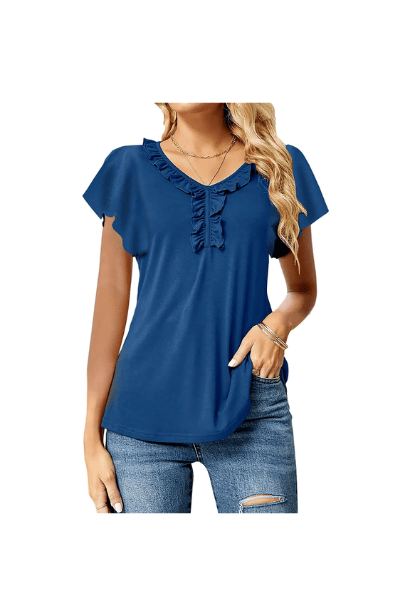 Womens Blouses Floral Ruffle Short Sleeve Tunic Tops Casual V Neck Summer Shirts