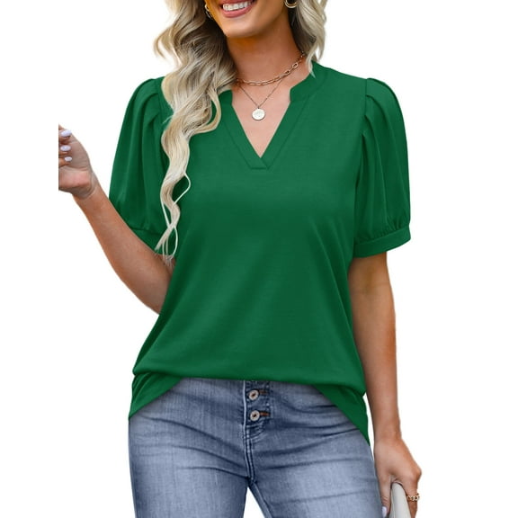 Fantaslook Womens Blouses Pleated Puff Sleeve Tops Casual V Neck Women T Shirts