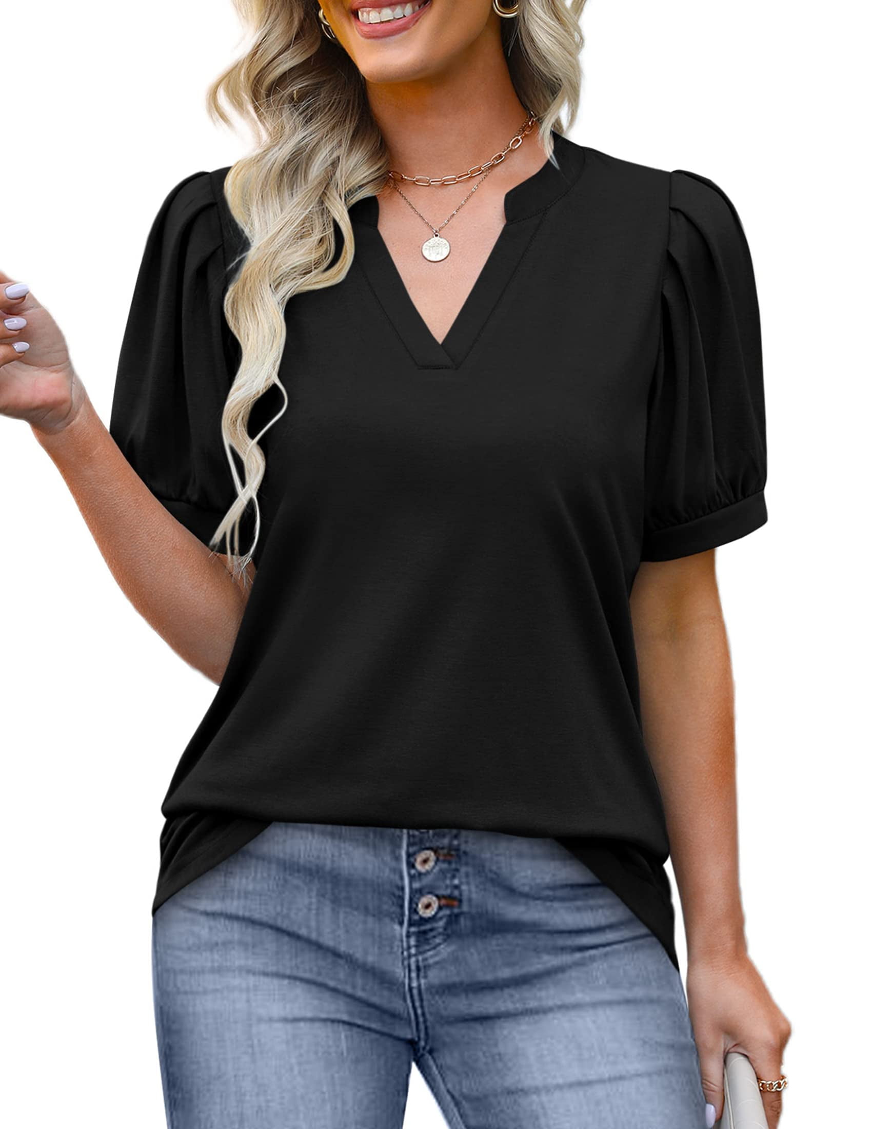 Fantaslook Womens Blouses Pleated Puff Sleeve Tops Casual V Neck Women ...