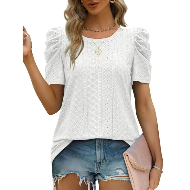 Fantaslook Womens Blouses Puff Sleeve T Shirts Casual Eyelets Pattern ...