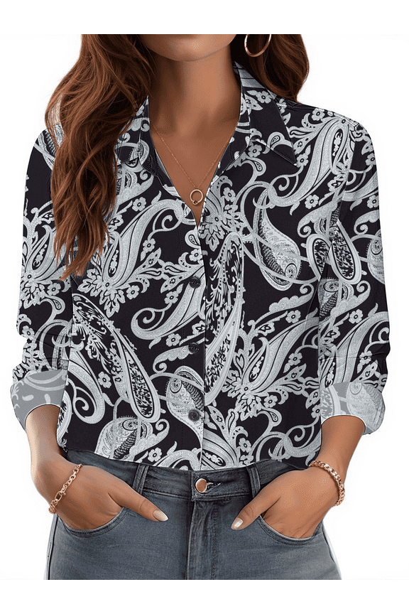 Womens Button Down Shirts Boho Floral Printed Long Sleeve Blouses Business Work Shirt Dressy Casual Loose Tops