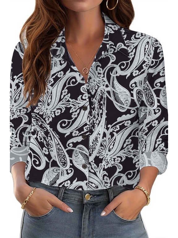 Womens Button Down Shirts Boho Floral Printed Long Sleeve Blouses Business Work Shirt Dressy Casual Loose Tops