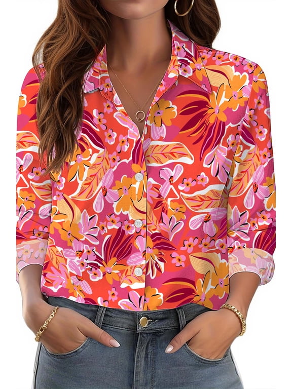 Womens Button Down Shirts Boho Floral Printed Long Sleeve Blouses Business Work Shirt Dressy Casual Loose Tops