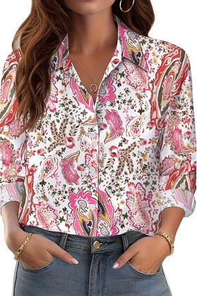 Womens Button Down Shirts Boho Floral Printed Long Sleeve Blouses Business Work Shirt Dressy Casual Loose Tops