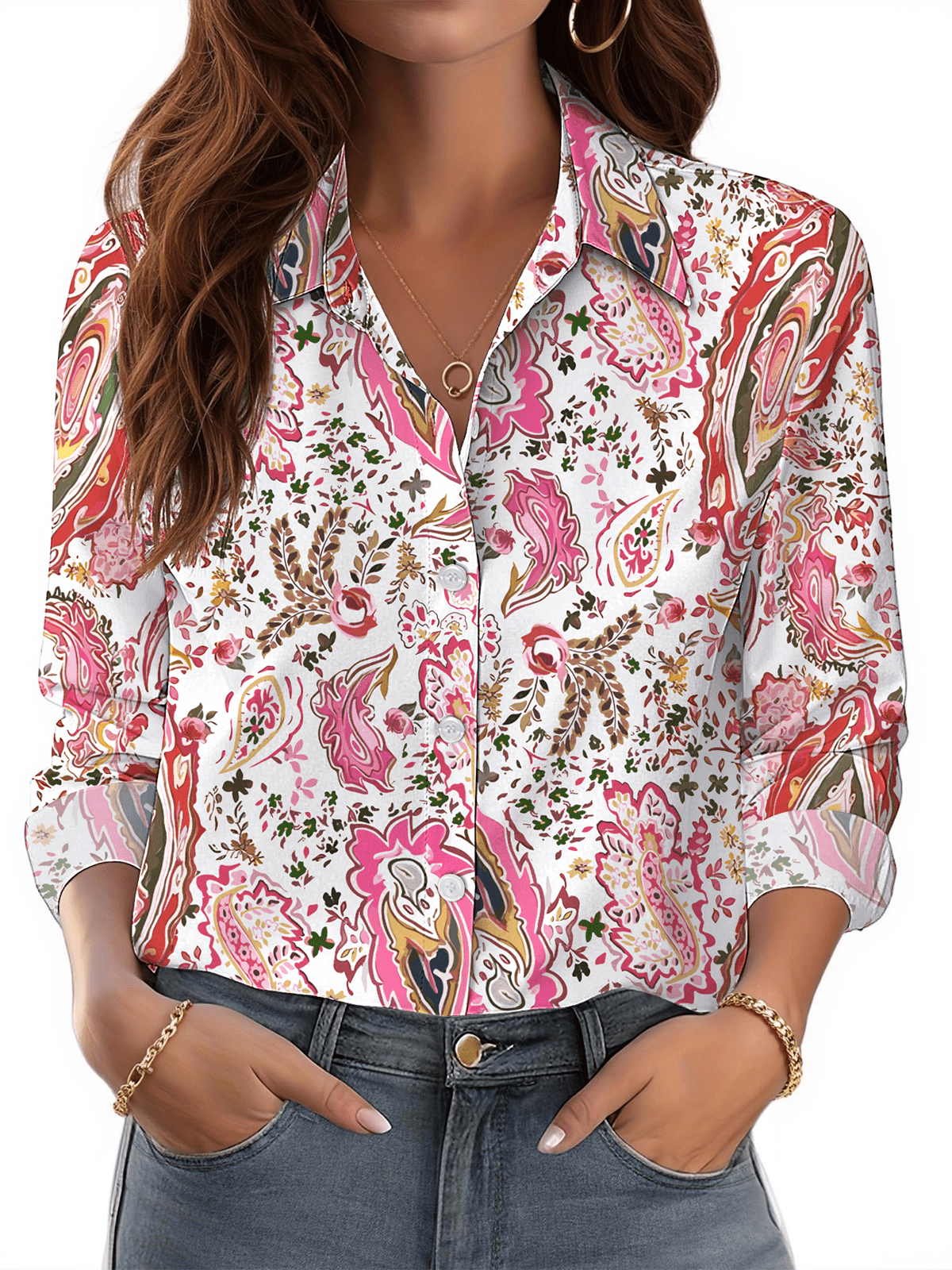 TOP Floral Printed Button Down-Extended Sizing