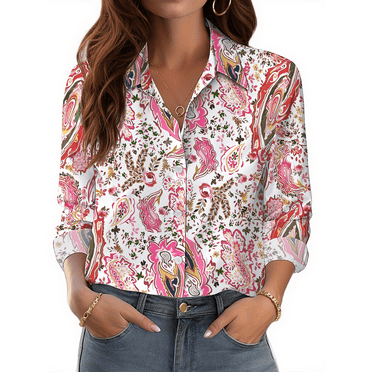 Fantaslook Womens Button Down Shirts Boho Floral Printed Long Sleeve Blouses Business Work Shirt Dressy Casual Plus Size Tops