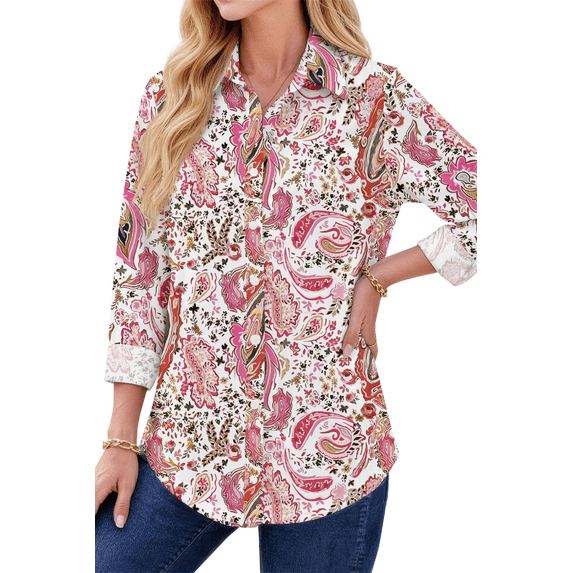 Fantaslook Womens Button Down Shirts Boho Floral Printed Long Sleeve Blouses Business Work Shirt Dressy Casual Loose Tops