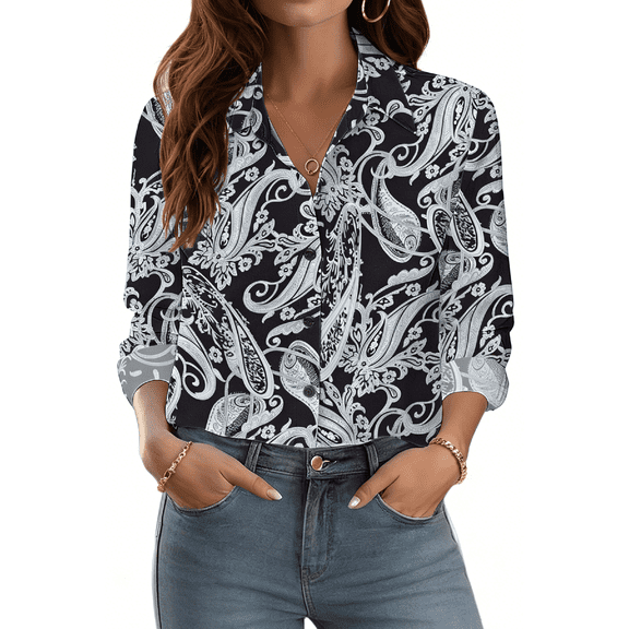 Fantaslook Womens Button Down Shirts Boho Floral Printed Long Sleeve Blouses Business Work Shirt Dressy Casual Loose Tops