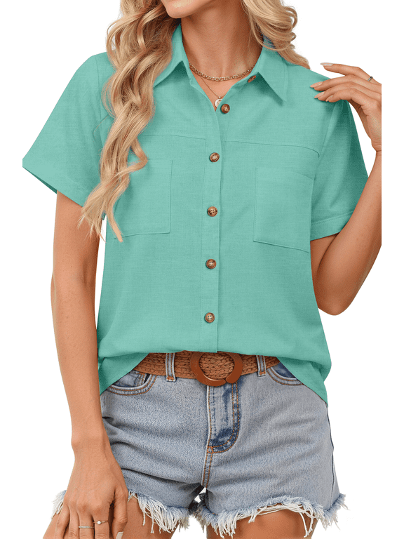 Womens Button Down Shirts Cotton Linen Short Sleeve Shirt Lapel Work Blouses Casual Summer Tops with Double Pockets