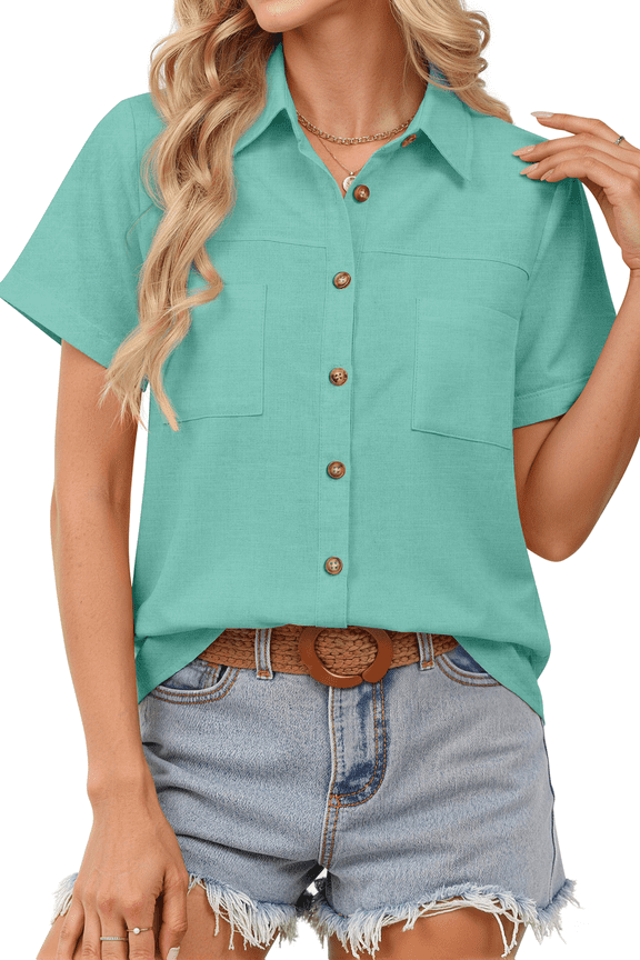 Womens Button Down Shirts Cotton Linen Short Sleeve Shirt Lapel Work Blouses Casual Summer Tops with Double Pockets