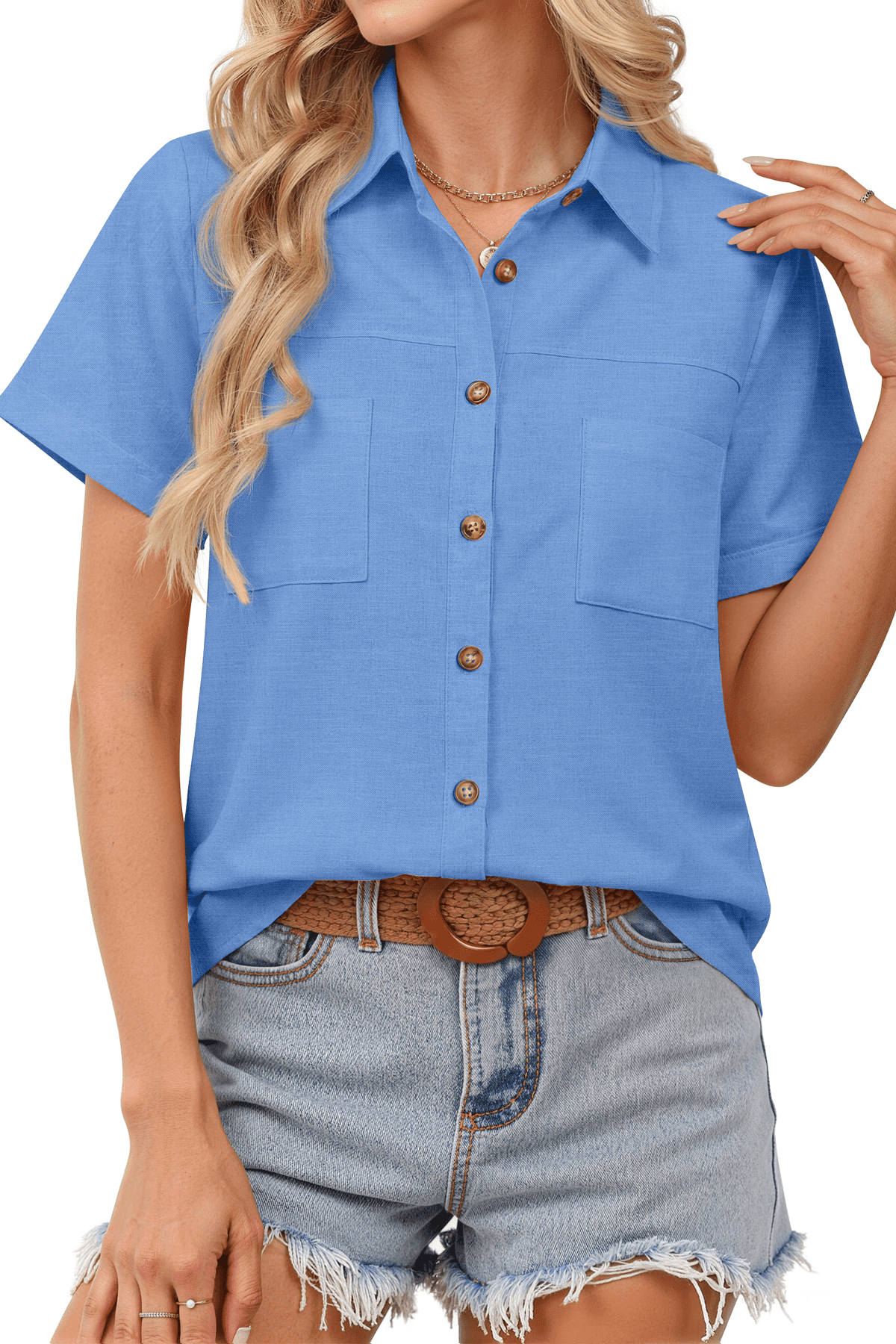Fantaslook Womens Button Down Shirts Cotton Linen Short Sleeve Shirt ...