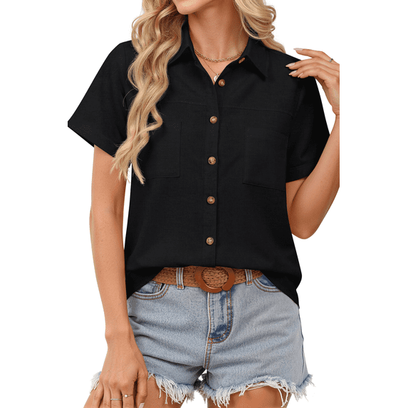 Fantaslook Womens Button Down Shirts Cotton Linen Short Sleeve Shirt Lapel Work Blouses Casual Summer Tops with Double Pockets