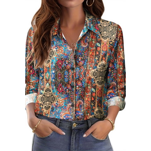 Womens Button Down Shirts Boho Floral Printed Long Sleeve Blouses Business Work Shirt Dressy Casual Loose Tops