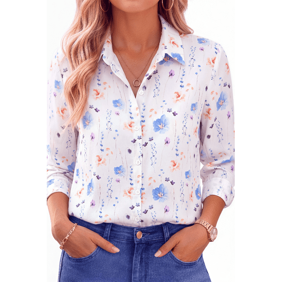 Fantaslook Womens Button Down Shirts Boho Floral Printed Long Sleeve Blouses Business Work Shirt Dressy Casual Loose Tops