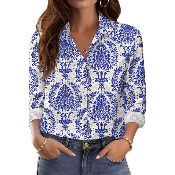 Fantaslook Womens Button Down Shirts Boho Floral Printed Long Sleeve Blouses Business Work Shirt Dressy Casual Loose Tops