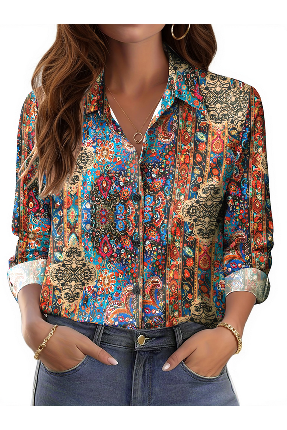 Womens Button Down Shirts Boho Floral Printed Long Sleeve Blouses Business Work Shirt Dressy Casual Loose Tops