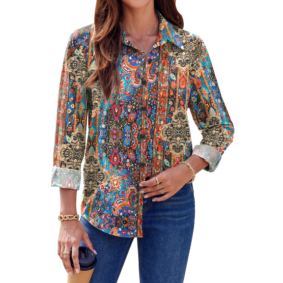 Fantaslook Womens Button Down Shirts Boho Floral Printed Long Sleeve Blouses Business Work Shirt Dressy Casual Loose Tops