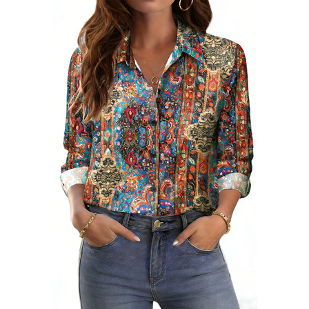 Fantaslook Womens Button Down Shirts Boho Floral Printed Long Sleeve Blouses Business Work Shirt Dressy Casual Loose Tops
