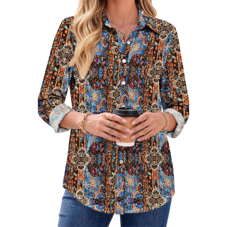Fantaslook Womens Button Down Shirts Boho Floral Printed Long Sleeve Blouses Business Work Shirt Dressy Casual Loose Tops