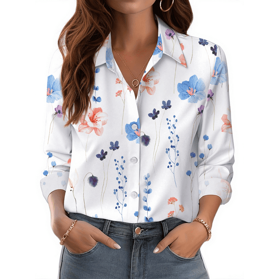 Fantaslook Womens Button Down Shirts Boho Floral Printed Long Sleeve Blouses Business Work Shirt Dressy Casual Loose Tops