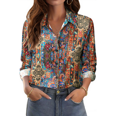 Fantaslook Womens Button Down Shirts Boho Floral Printed Long Sleeve Blouses Business Work Shirt Dressy Casual Loose Tops