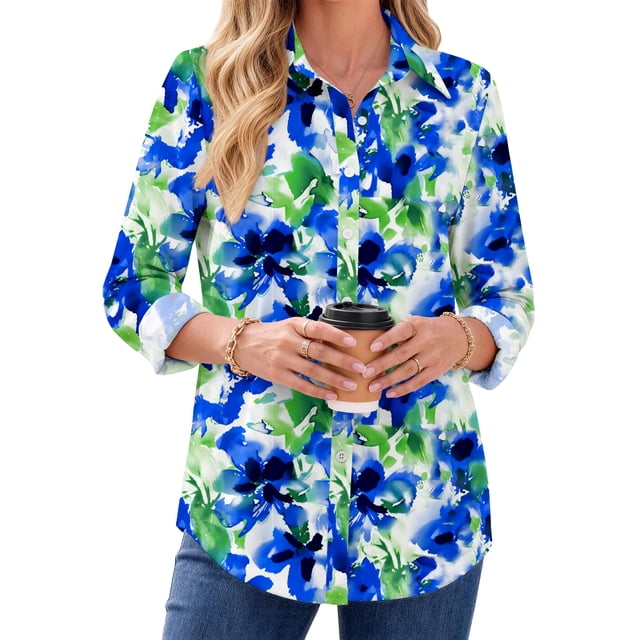 Fantaslook Womens Button Down Shirts Boho Floral Printed Long Sleeve Blouses Business Work Shirt Dressy Casual Loose Tops
