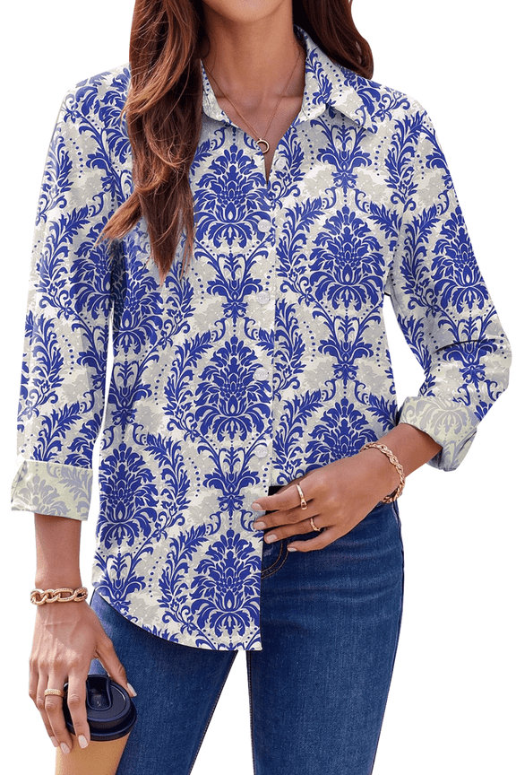 Womens Button Down Shirts Boho Floral Printed Long Sleeve Blouses Business Work Shirt Dressy Casual Loose Tops