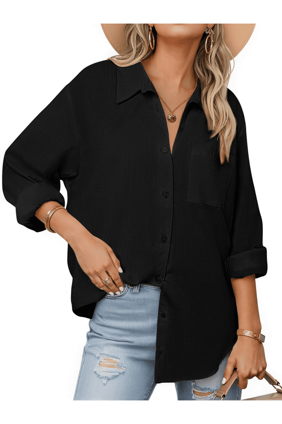Womens Button Down Shirts Lapel Long Sleeve Blouses Business Work Shirt Dressy Casual Collared Tops