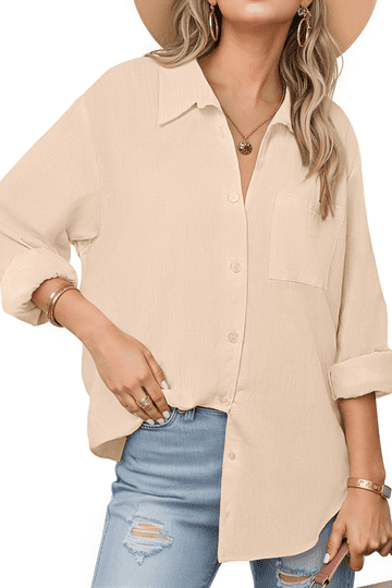 beige dress shirt women's Lightweight Oversized Button-Up Blouse | Trendy Women Tops