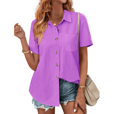 Fantaslook Womens Button Down Shirts Lapel Short Sleeve Shirt Collared Pocketed Casual Blouses Summer Tops