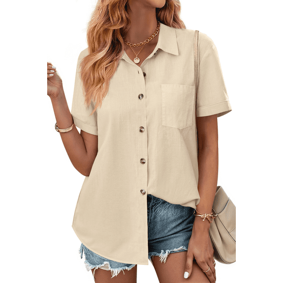 Fantaslook Womens Button Down Shirts Lapel Short Sleeve Shirt Collared Pocketed Casual Blouses Summer Tops
