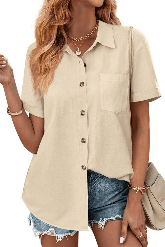 Womens Button Down Shirts Lapel Short Sleeve Shirt Collared Pocketed Casual Blouses Summer Tops