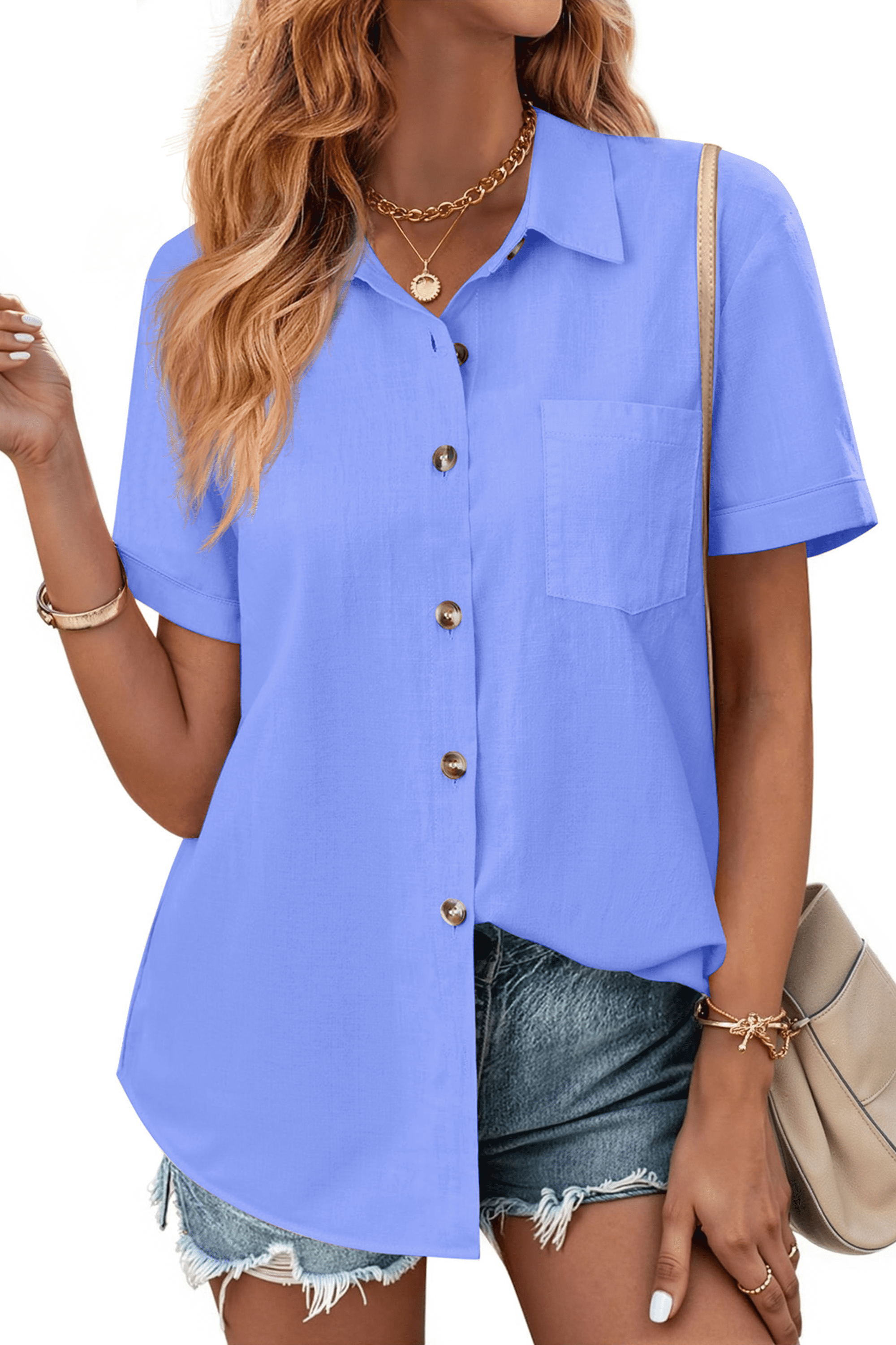 Fantaslook Womens Button Down Shirts Lapel Short Sleeve Shirt Collared ...