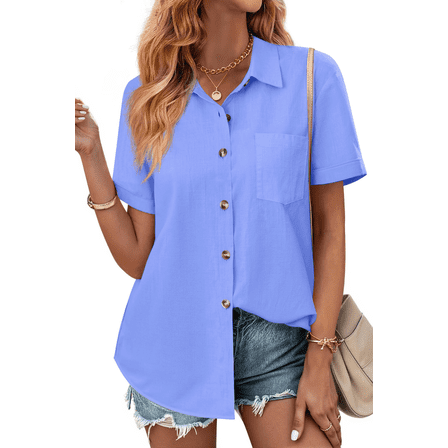 Fantaslook Womens Button Down Shirts Lapel Short Sleeve Shirt Collared Pocketed Casual Blouses Summer Tops
