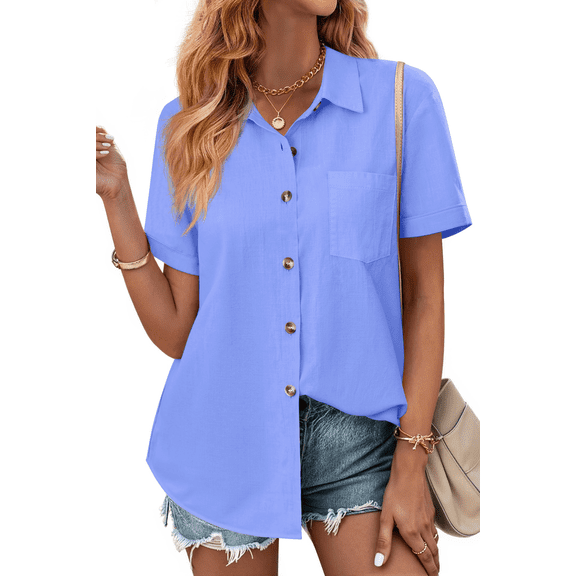 Fantaslook Womens Button Down Shirts Lapel Short Sleeve Shirt Collared Pocketed Casual Blouses Summer Tops