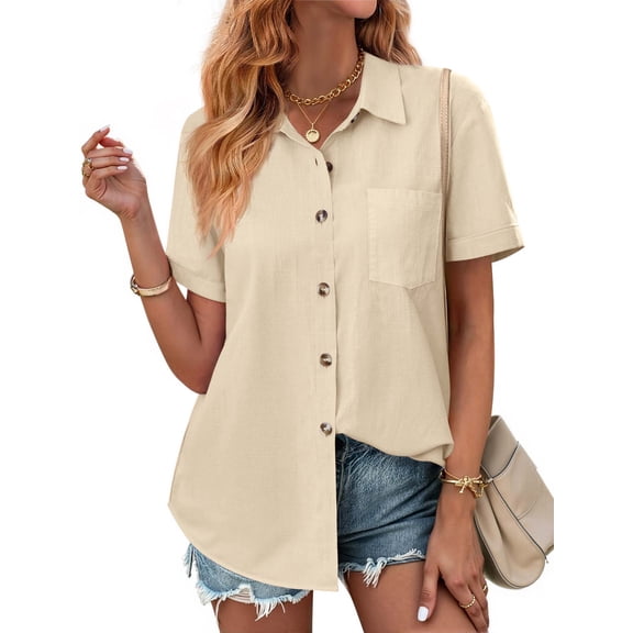 Fantaslook Womens Button Down Shirts Lapel Short Sleeve Shirt Collared Pocketed Casual Blouses Summer Tops