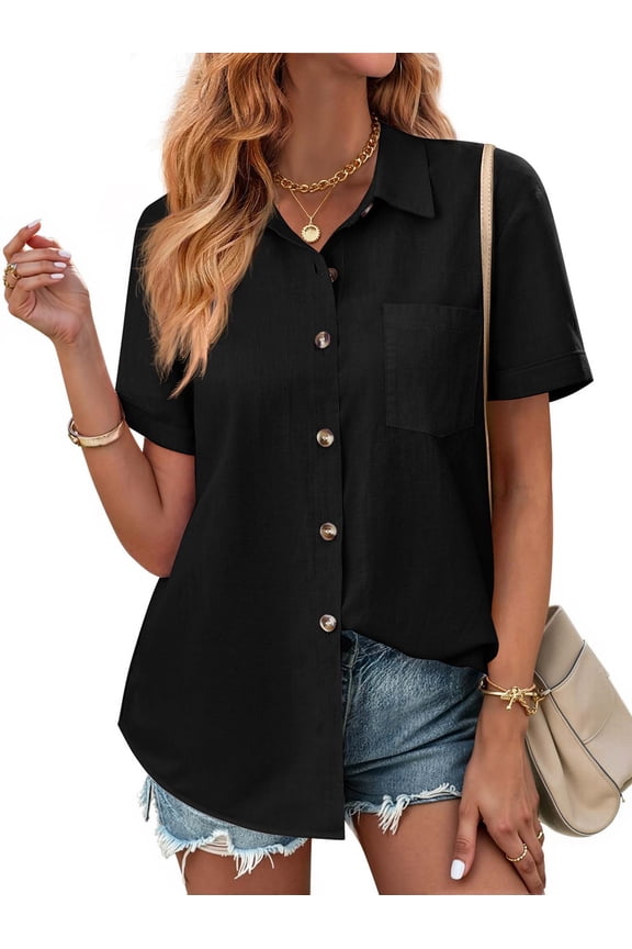 Womens Button Down Shirts Lapel Short Sleeve Shirt Collared Pocketed Casual Blouses Summer Tops