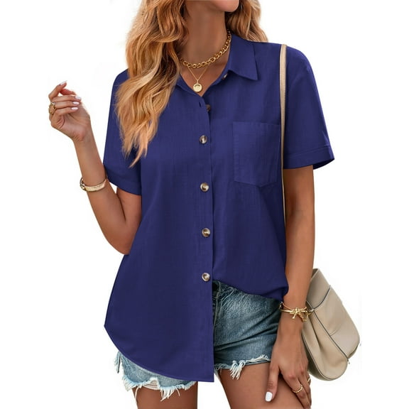 Fantaslook Womens Button Down Shirts Lapel Short Sleeve Shirt Collared Pocketed Casual Blouses Summer Tops