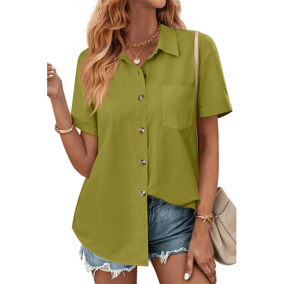 Fantaslook Womens Button Down Shirts Lapel Short Sleeve Shirt Collared Pocketed Casual Blouses Summer Tops