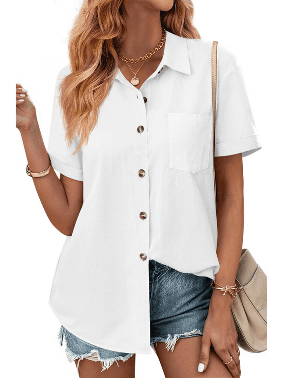 Womens Button Down Shirts Lapel Short Sleeve Shirt Collared Pocketed Casual Blouses Summer Tops