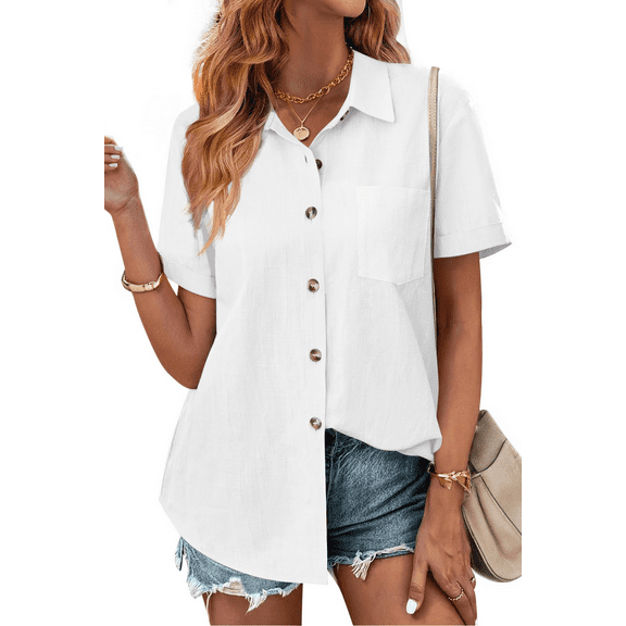 Fantaslook Womens Button Down Shirts Lapel Short Sleeve Shirt Collared Pocketed Casual Blouses Summer Tops