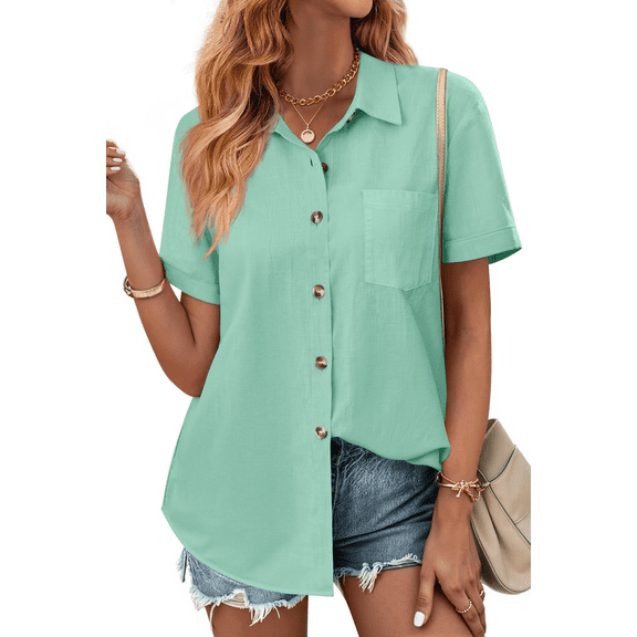 Fantaslook Womens Button Down Shirts Lapel Short Sleeve Shirt Collared Pocketed Casual Blouses Summer Tops