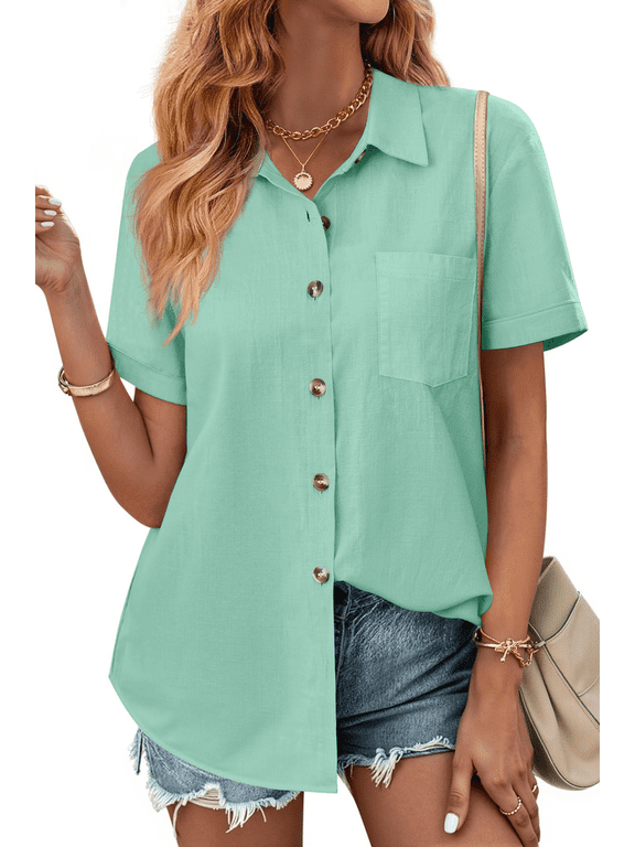Womens Button Down Shirts Lapel Short Sleeve Shirt Collared Pocketed Casual Blouses Summer Tops
