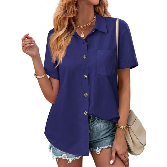 Fantaslook Womens Button Down Shirts Lapel Short Sleeve Shirt Collared Pocketed Casual Blouses Summer Tops