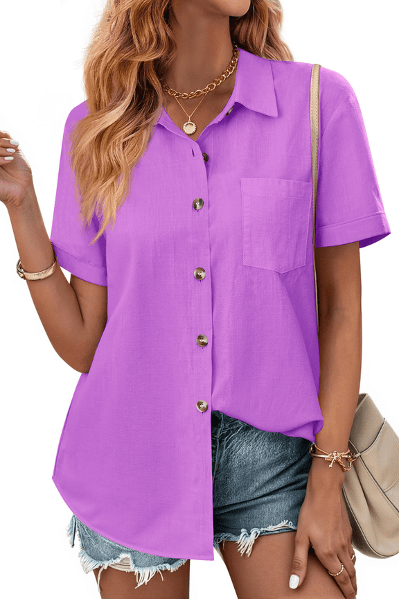 Womens Button Down Shirts Lapel Short Sleeve Shirt Collared Pocketed Casual Blouses Summer Tops