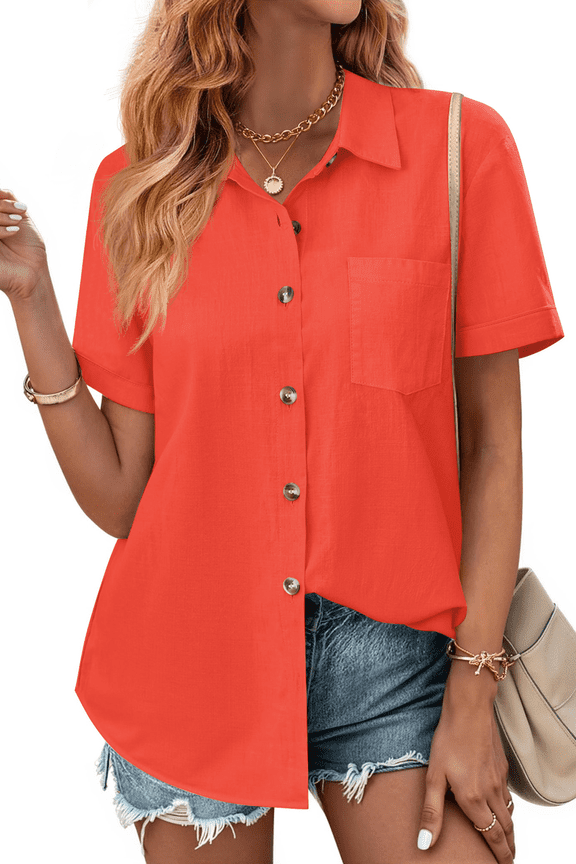 Womens Button Down Shirts Lapel Short Sleeve Shirt Collared Pocketed Casual Blouses Summer Tops