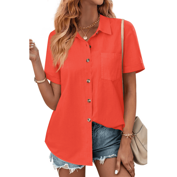 Fantaslook Womens Button Down Shirts Lapel Short Sleeve Shirt Collared Pocketed Casual Blouses Summer Tops