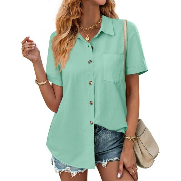 Fantaslook Womens Button Down Shirts Lapel Short Sleeve Shirt Collared Pocketed Casual Blouses Summer Tops